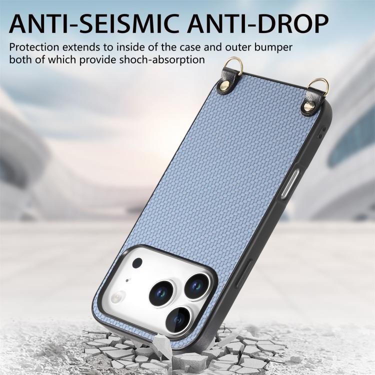 For iPhone 17 Pro Carbon Fiber Texture Leather Back Phone Case with Crossbody Strap