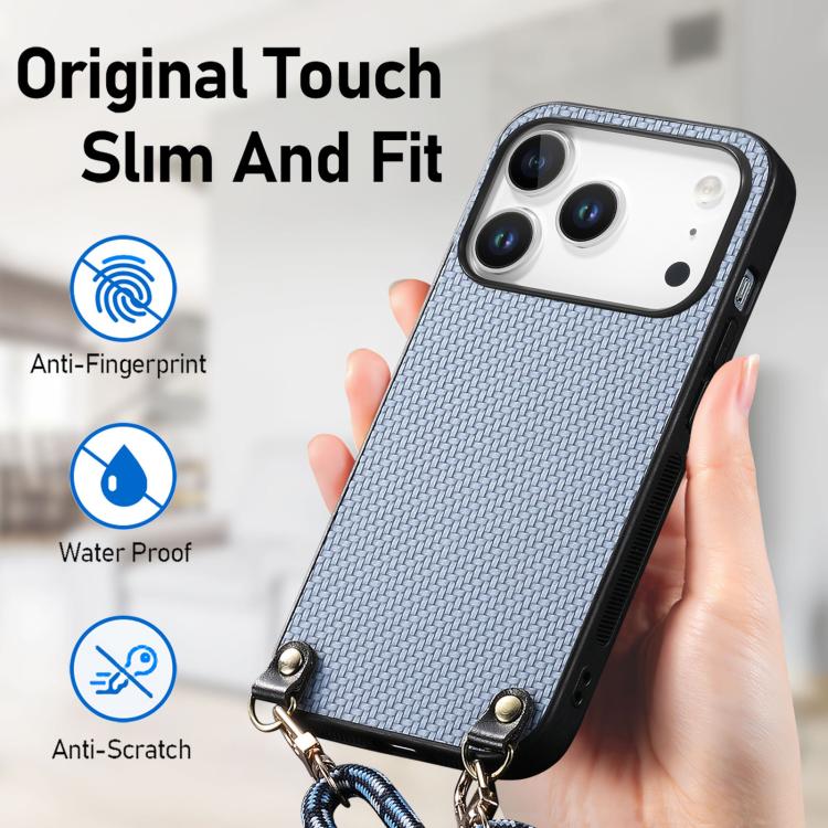 For iPhone 17 Pro Carbon Fiber Texture Leather Back Phone Case with Crossbody Strap