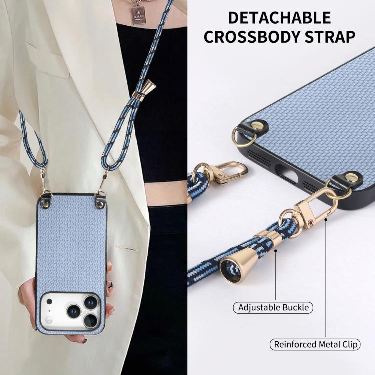 For iPhone 17 Pro Carbon Fiber Texture Leather Back Phone Case with Crossbody Strap