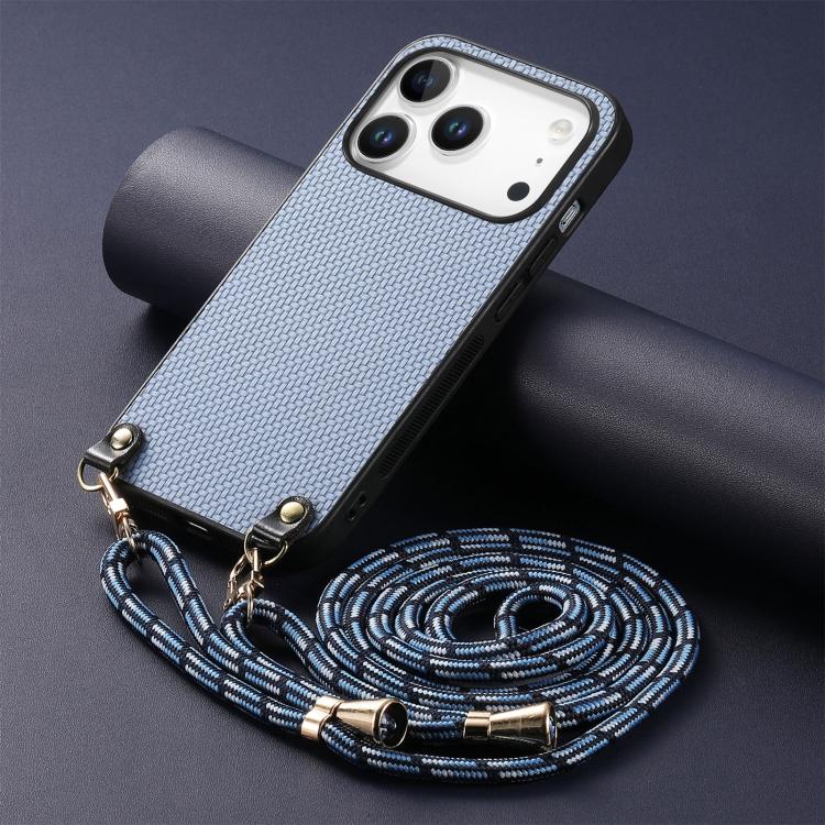 For iPhone 17 Pro Carbon Fiber Texture Leather Back Phone Case with Crossbody Strap