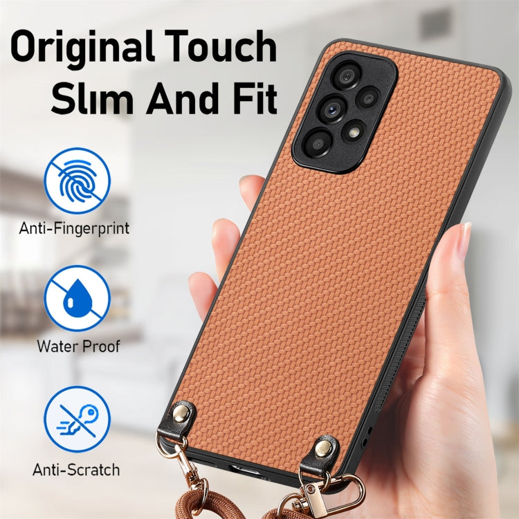 For Samsung Galaxy A21s Carbon Fiber Texture Leather Back Cover Phone Case with Crossbody Strap