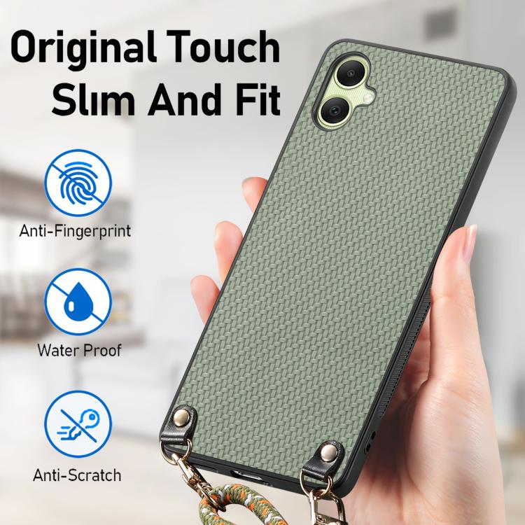 For Samsung Galaxy A05 Carbon Fiber Texture Leather Back Cover Phone Case with Crossbody Strap