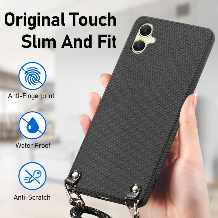 For Samsung Galaxy A05 Carbon Fiber Texture Leather Back Cover Phone Case with Crossbody Strap