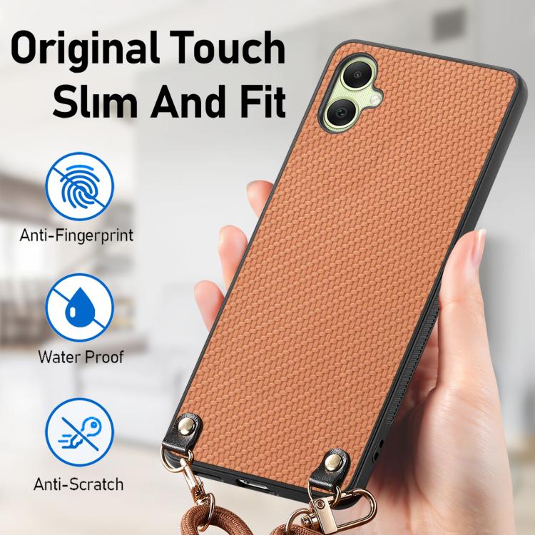 For Samsung Galaxy A05 Carbon Fiber Texture Leather Back Cover Phone Case with Crossbody Strap