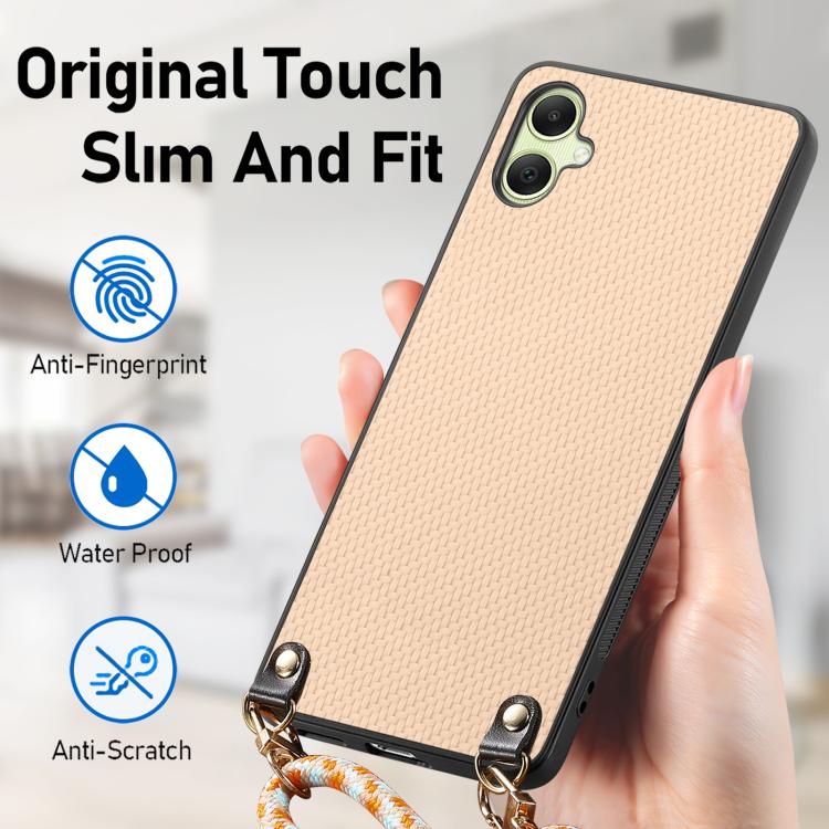 For Samsung Galaxy A05 Carbon Fiber Texture Leather Back Cover Phone Case with Crossbody Strap