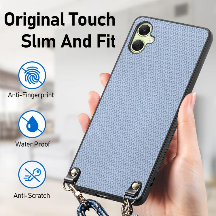 For Samsung Galaxy A05 Carbon Fiber Texture Leather Back Cover Phone Case with Crossbody Strap