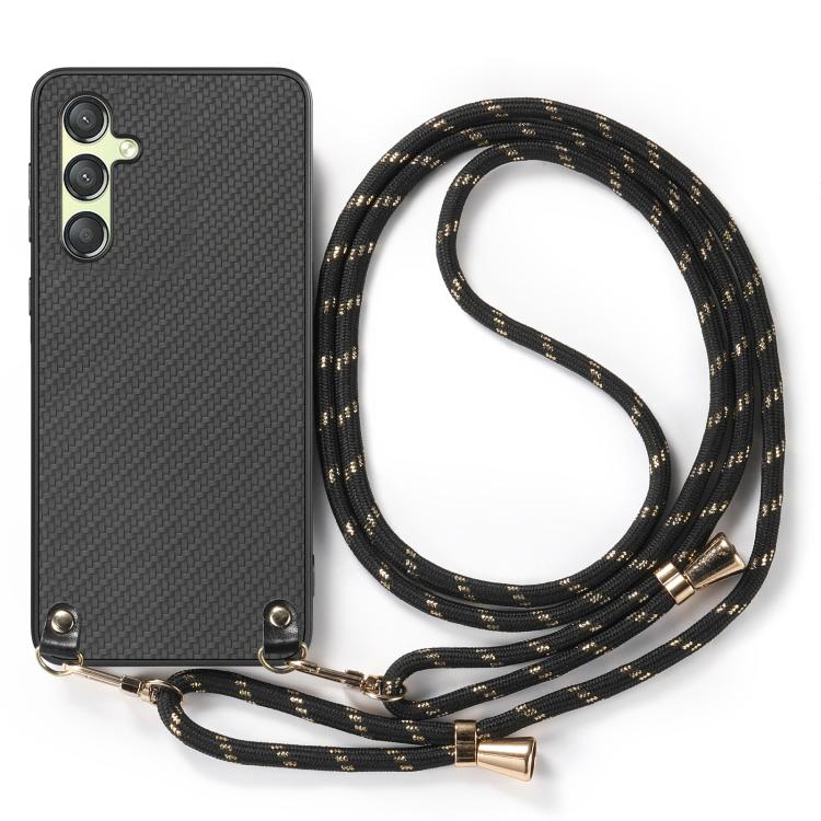 For Samsung Galaxy A15 Carbon Fiber Texture Leather Back Cover Phone Case with Crossbody Strap