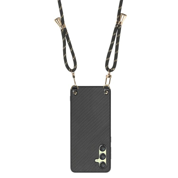 For Samsung Galaxy A15 Carbon Fiber Texture Leather Back Cover Phone Case with Crossbody Strap