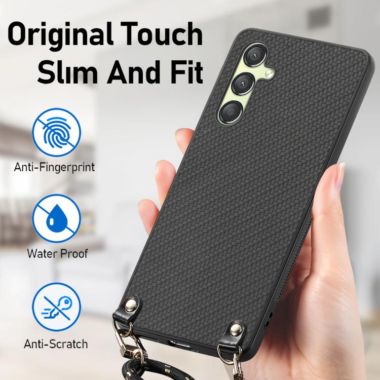 For Samsung Galaxy A15 Carbon Fiber Texture Leather Back Cover Phone Case with Crossbody Strap