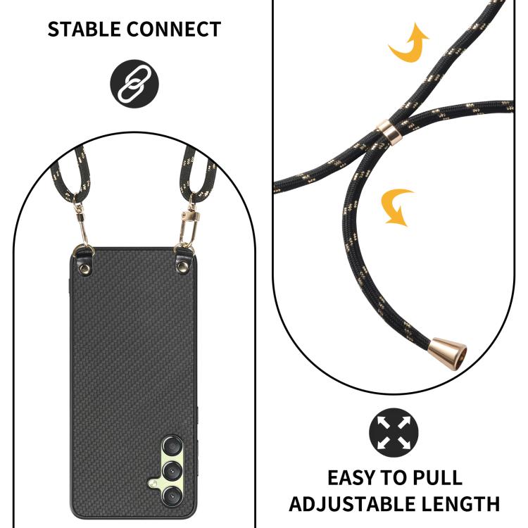 For Samsung Galaxy A15 Carbon Fiber Texture Leather Back Cover Phone Case with Crossbody Strap