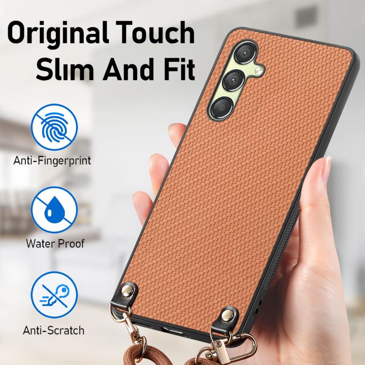 For Samsung Galaxy A15 Carbon Fiber Texture Leather Back Cover Phone Case with Crossbody Strap