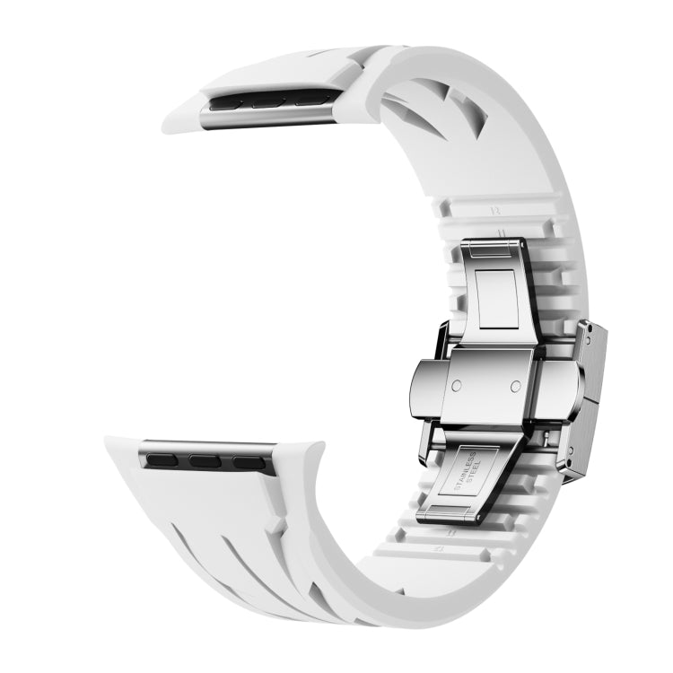 For Apple Watch 44mm / 45mm / 46mm / 49mm Tailor Stainless Steel Silver Butterfly Buckle Silicone Watch Band