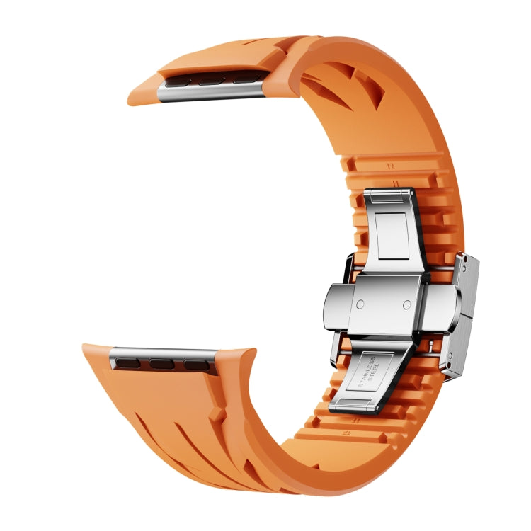 For Apple Watch 44mm / 45mm / 46mm / 49mm Tailor Stainless Steel Silver Butterfly Buckle Silicone Watch Band