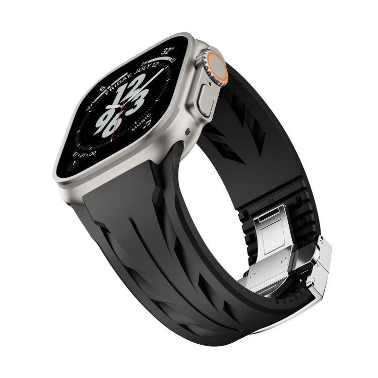 For Apple Watch 44mm / 45mm / 46mm / 49mm Tailor Stainless Steel Silver Butterfly Buckle Silicone Watch Band