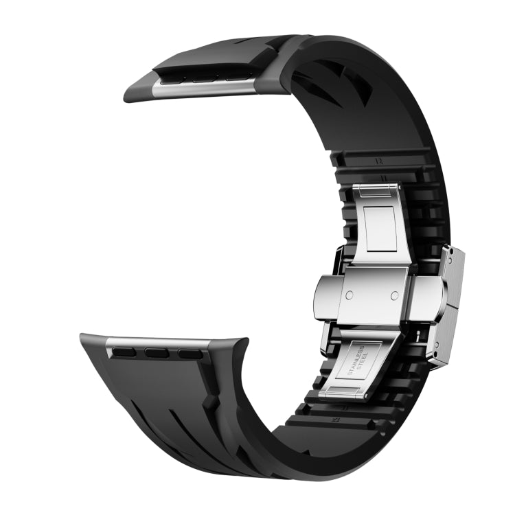 For Apple Watch 44mm / 45mm / 46mm / 49mm Tailor Stainless Steel Silver Butterfly Buckle Silicone Watch Band