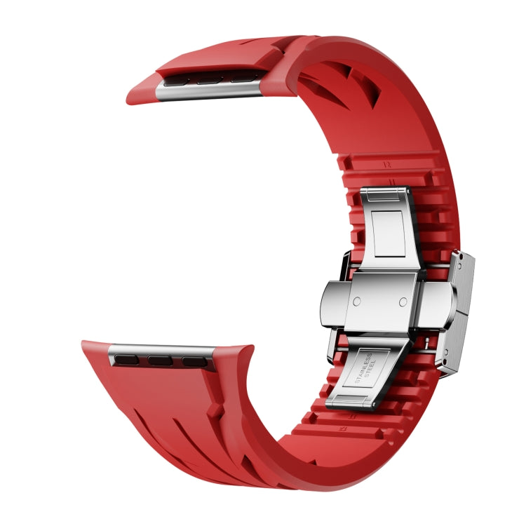 For Apple Watch 44mm / 45mm / 46mm / 49mm Tailor Stainless Steel Silver Butterfly Buckle Silicone Watch Band