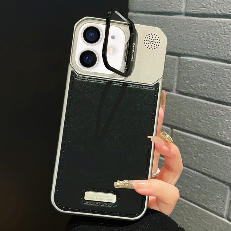 For iPhone 11 Metal Holder Plain Leather MagSafe Phone Case