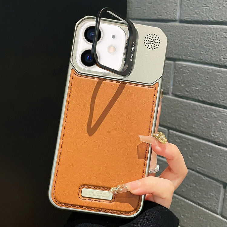 For iPhone 12 Metal Holder Plain Leather MagSafe Phone Case