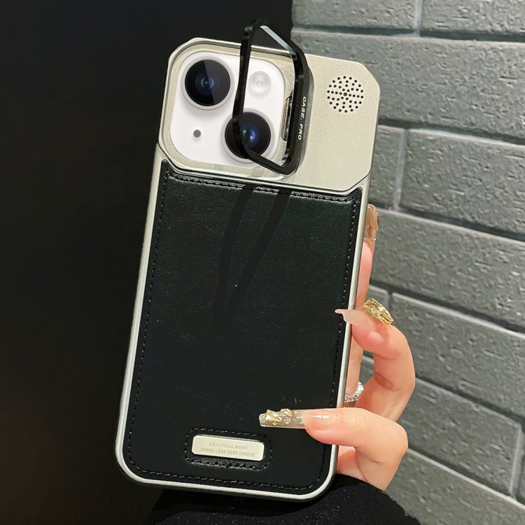 For iPhone 15 Metal Holder Plain Leather MagSafe Phone Case