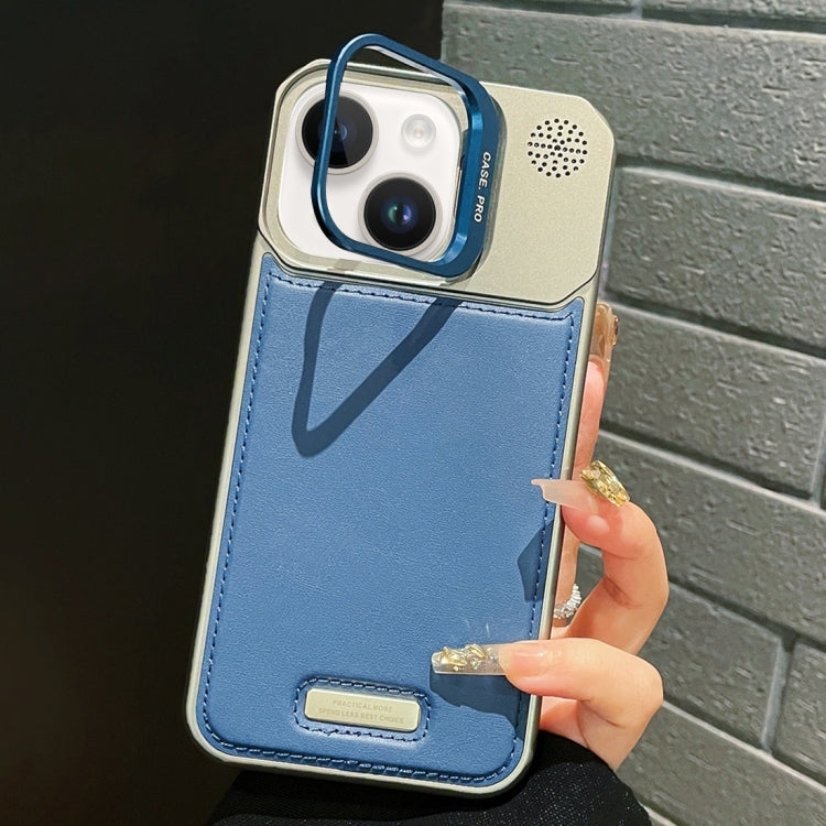 For iPhone 15 Metal Holder Plain Leather MagSafe Phone Case