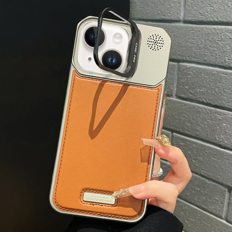 For iPhone 15 Plus Metal Holder Plain Leather MagSafe Phone Case