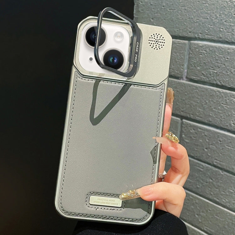 For iPhone 15 Plus Metal Holder Plain Leather MagSafe Phone Case