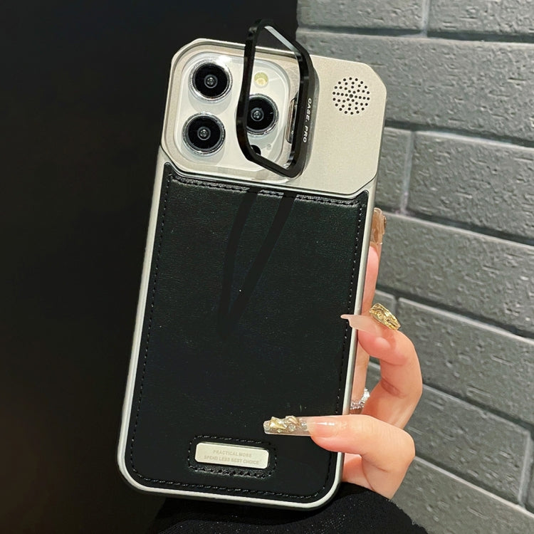 For iPhone 15 Pro Metal Holder Plain Leather MagSafe Phone Case