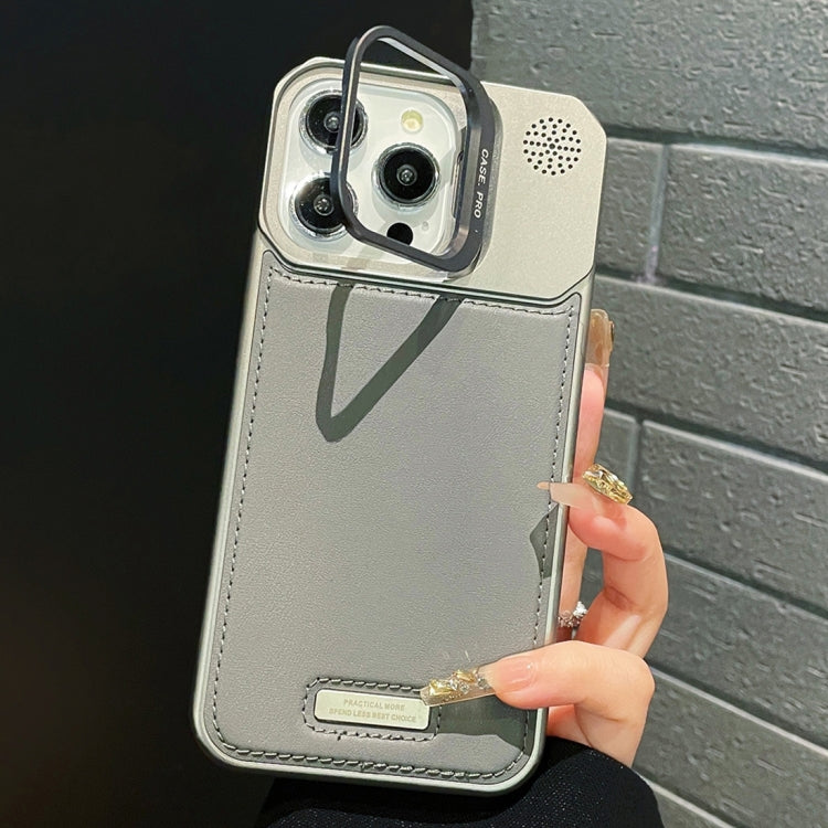 For iPhone 16 Pro Metal Holder Plain Leather MagSafe Phone Case