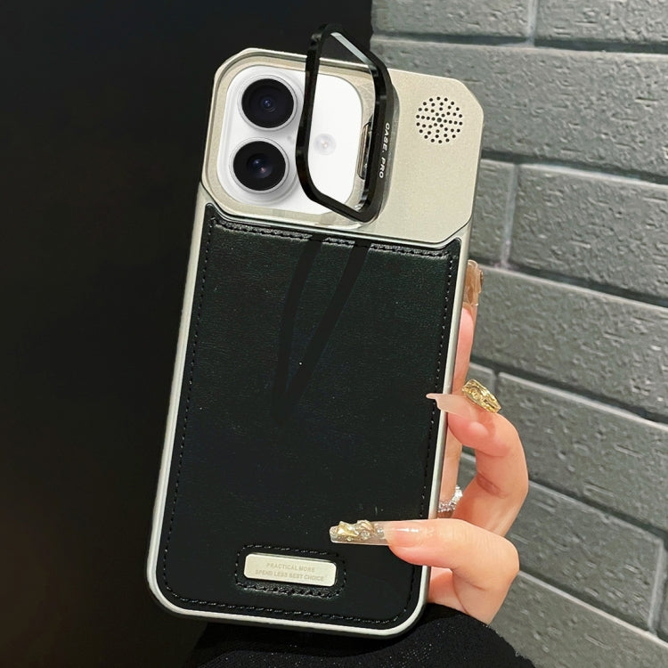 For iPhone 16 Plus Metal Holder Plain Leather MagSafe Phone Case