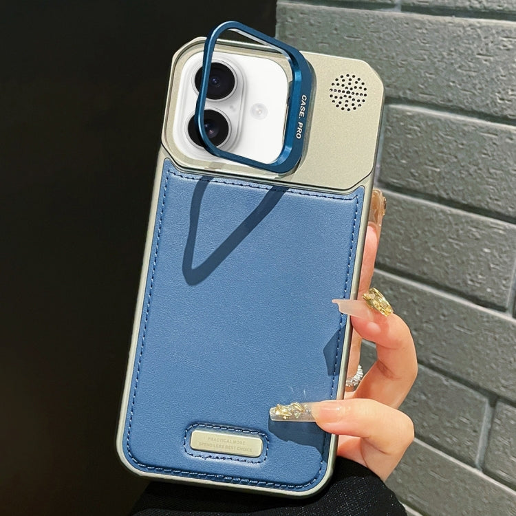 For iPhone 16 Plus Metal Holder Plain Leather MagSafe Phone Case