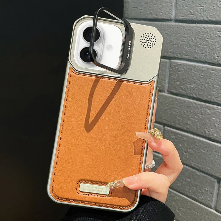 For iPhone 16 Plus Metal Holder Plain Leather MagSafe Phone Case