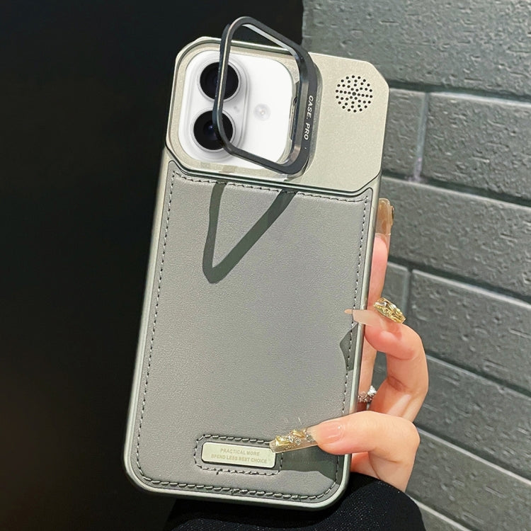 For iPhone 16 Plus Metal Holder Plain Leather MagSafe Phone Case