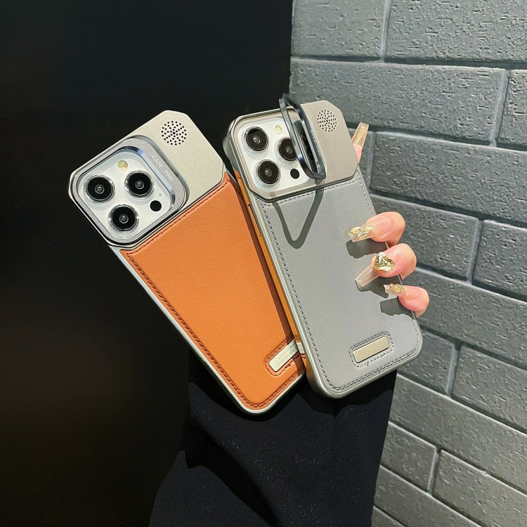 For iPhone 15 Pro Max Metal Holder Plain Leather MagSafe Phone Case