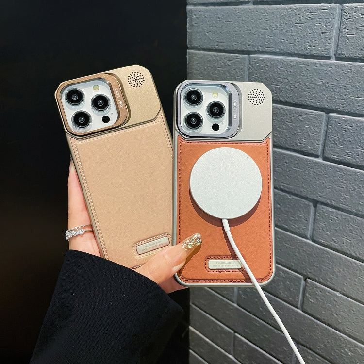 For iPhone 14 Pro Max Metal Holder Plain Leather MagSafe Phone Case