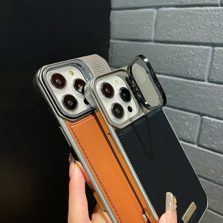 For iPhone 13 Pro Max Metal Holder Plain Leather MagSafe Phone Case