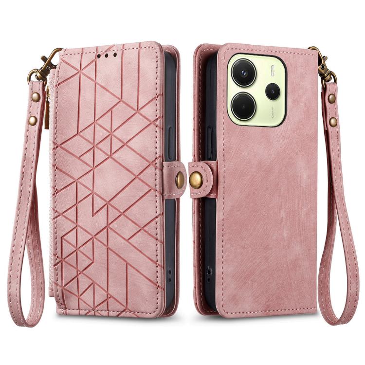 For Redmi Note 14 4G 164.84mm Geometric Zipper Wallet Side Buckle Leather Phone Case