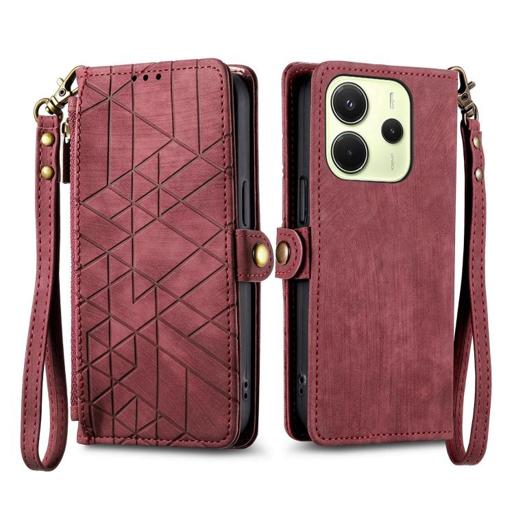 For Redmi Note 14 4G 164.84mm Geometric Zipper Wallet Side Buckle Leather Phone Case