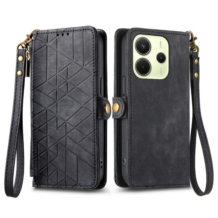 For Redmi Note 14 4G 164.84mm Geometric Zipper Wallet Side Buckle Leather Phone Case