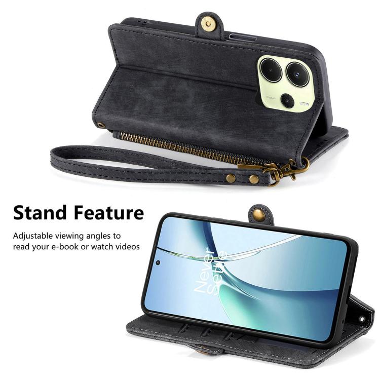 For Redmi Note 14 4G 164.84mm Geometric Zipper Wallet Side Buckle Leather Phone Case