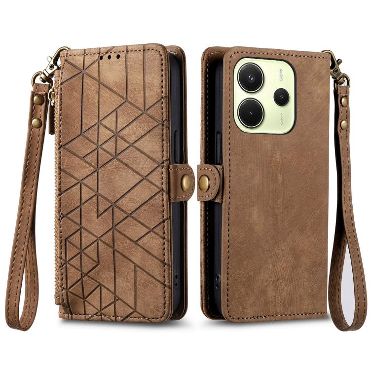 For Redmi Note 14 4G 163.25mm Geometric Zipper Wallet Side Buckle Leather Phone Case