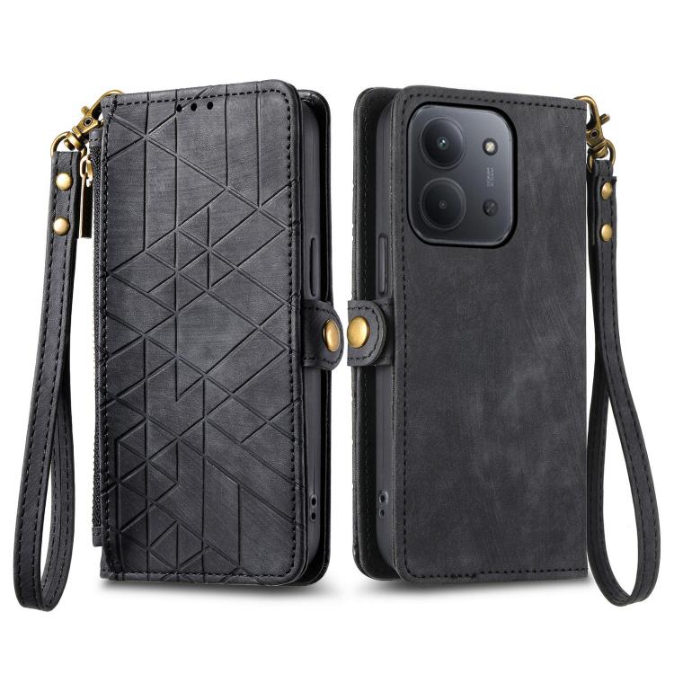 For Redmi 15C 5G / 4G Glodal 171mm Geometric Zipper Wallet Side Buckle Leather Phone Case