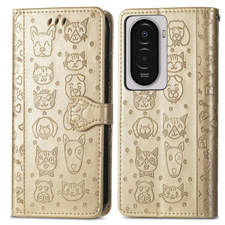 For Xiaomi Poco M7 4G 169mm Cat and Dog Embossed Leather Phone Case