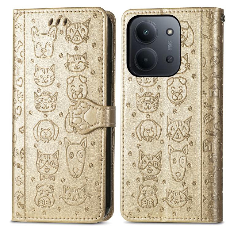 For Redmi 15C 5G / 4G Global 171mm Cat and Dog Embossed Leather Phone Case