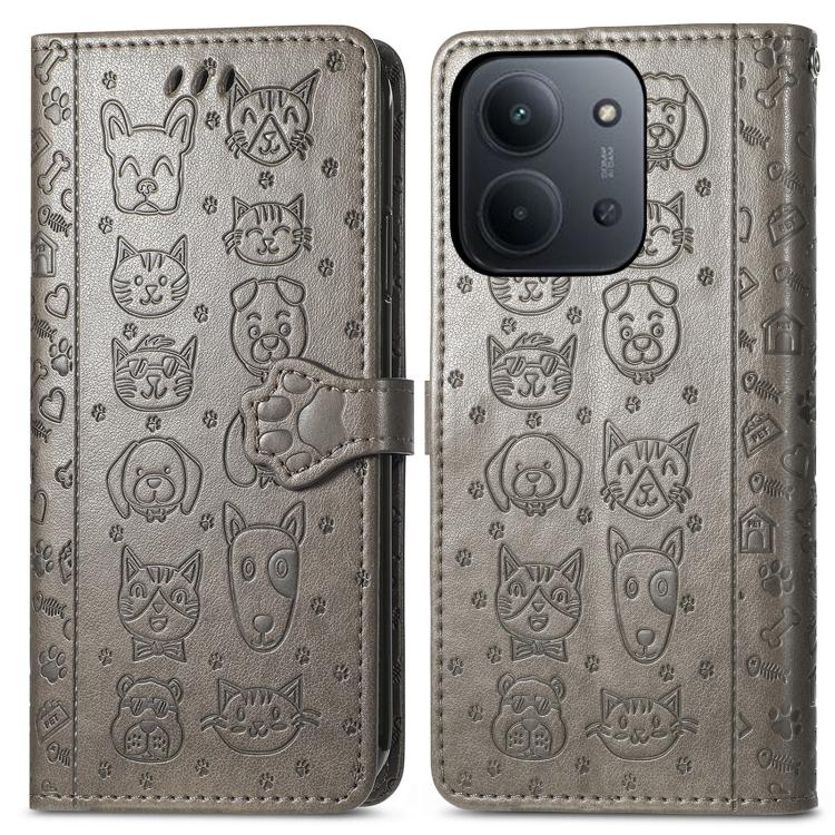 For Redmi 15C 5G / 4G Global 171mm Cat and Dog Embossed Leather Phone Case