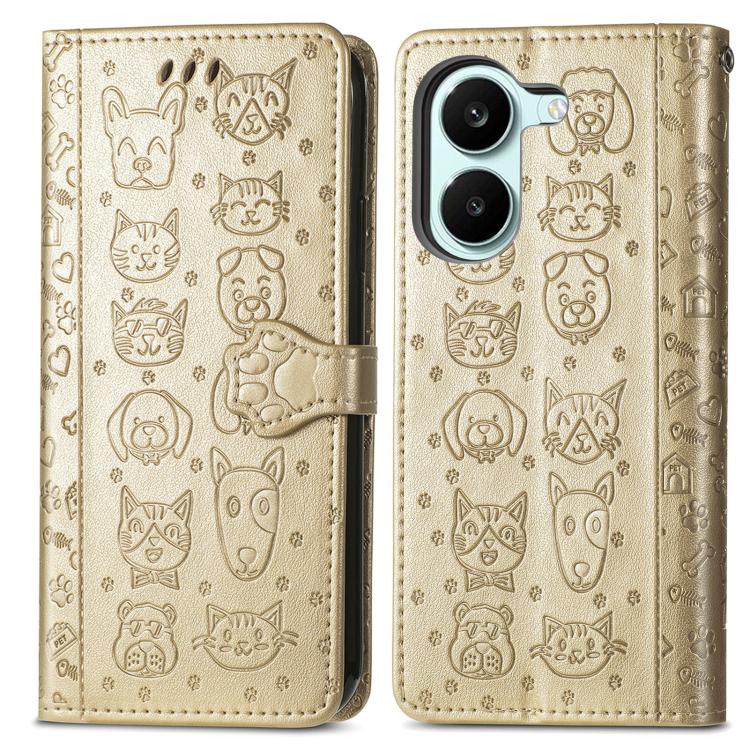 For Redmi Turbo 5 5G Cat and Dog Embossed Leather Phone Case