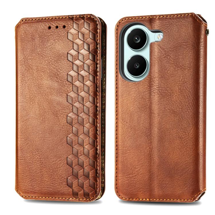 For Redmi Turbo 5 5G Cubic Grid Pressed Magnetic Leather Phone Case