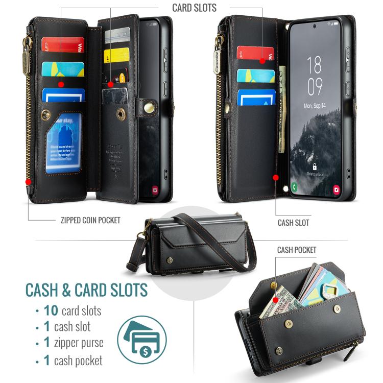 For Samsung Galaxy S25+ 5G CaseMe C36 Card Slots Zipper Wallet RFID Anti-theft Leather Phone Case