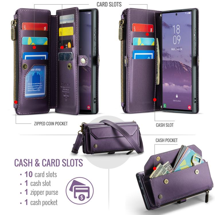 For Samsung Galaxy S25 Ultra 5G CaseMe C36 Card Slots Zipper Wallet RFID Anti-theft Leather Phone Case
