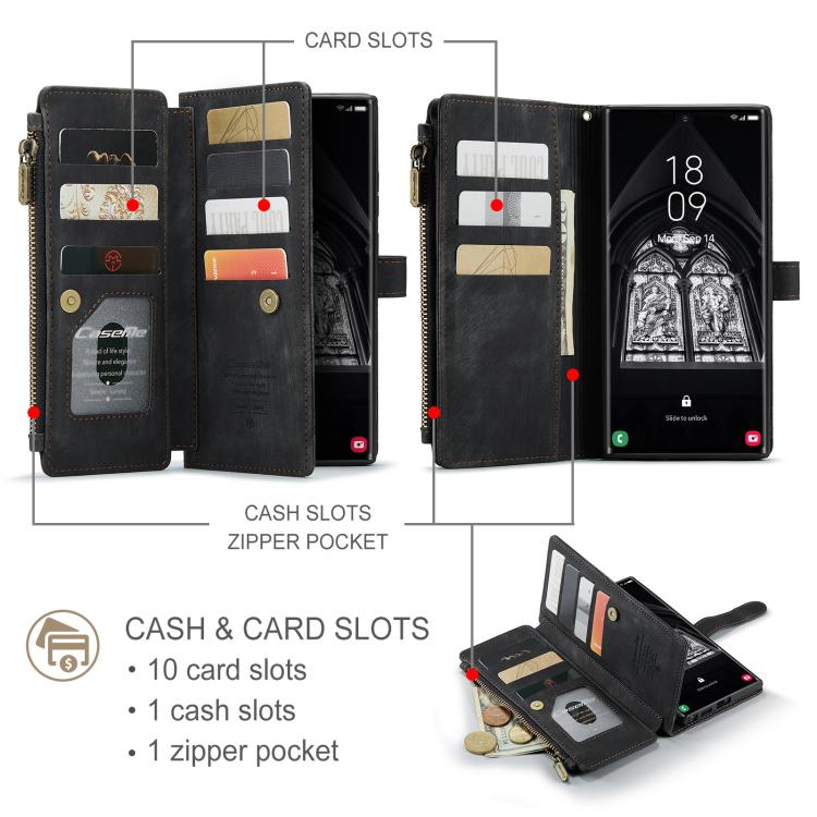 For Samsung Galaxy S25 Ultra 5G CaseMe C30 Card Slots Zipper Wallet Leather Phone Case