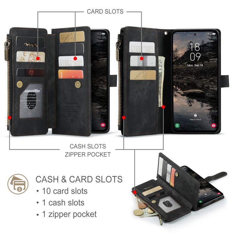 For Samsung Galaxy S25 FE 5G CaseMe C30 Card Slots Zipper Wallet Leather Phone Case